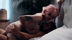 Pink haired shemale lets sad stepbro bareback her wet ass