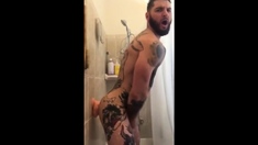 Tatted Hunk Plays with Dildo in Shower and Cums Hard