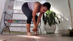 Brunette with foot fetish rubs big dick with her feet in POV