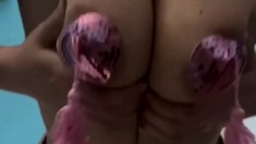Babe Plays with New Toy, Pumping Her Nipples and Tits