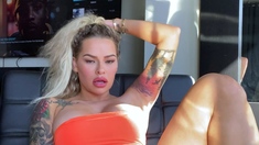 Barbie blonde takes her big boobs out to finger on cam