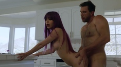 Small tit brunette gives blowjob to a big cock