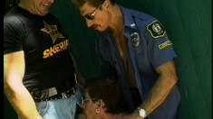 These Two Gay Cops Bring A Perp To His Knees And Cum All Over Him